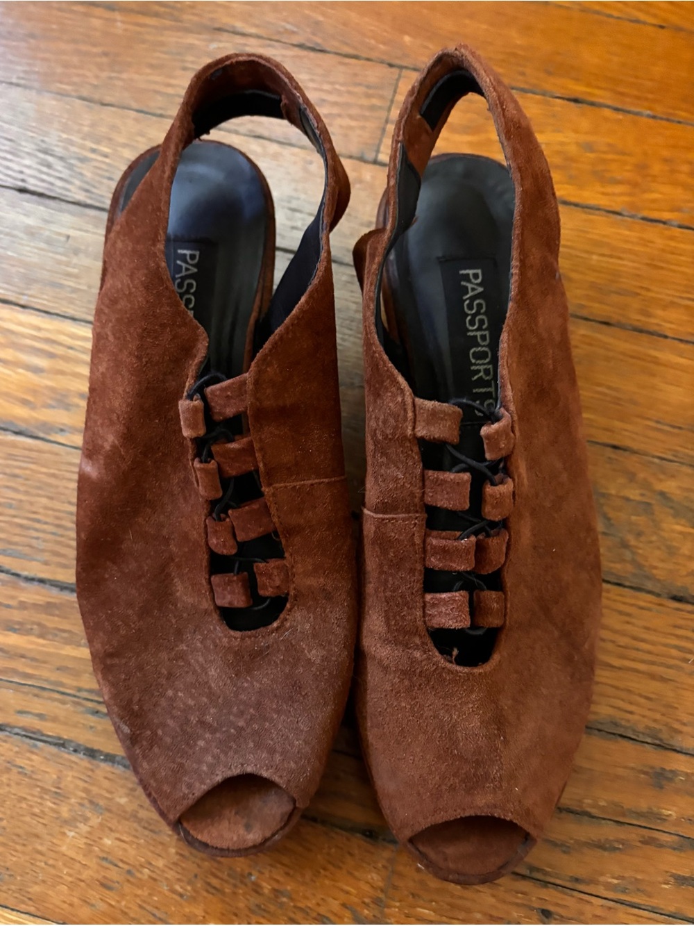 Passport Rust Brown Suede Peep-Toe Slingbacks